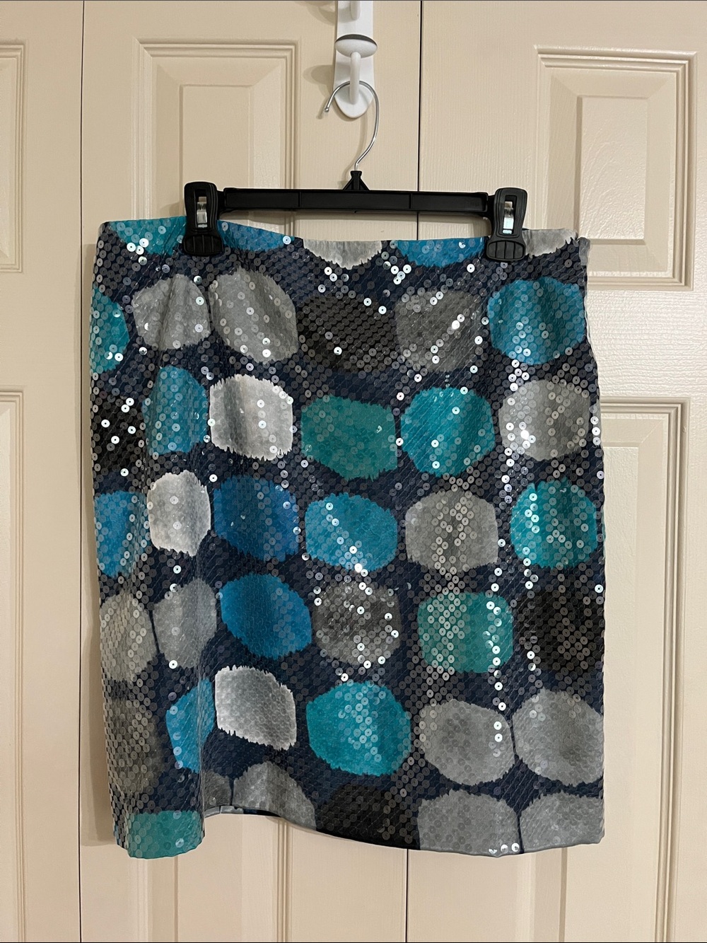 Ann Taylor Sequined Polka Dot Pencil Skirt in Teal, Navy & Silver